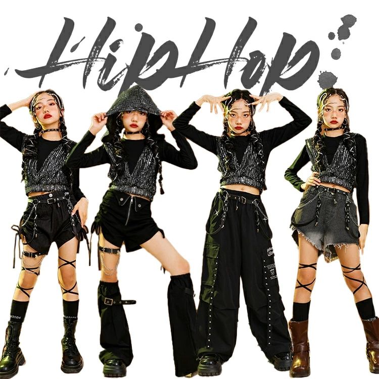 スパンコール ダンス ブラック キッズ 女の子 黒系 パンツセット キラキラ ダンス衣装 長袖 ガールズ キャミソール 短パンツ ズボン デ