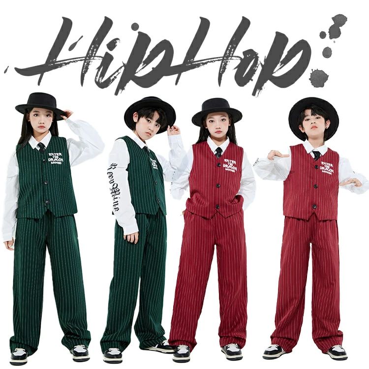 ロック ダンス衣装 赤 緑 キッズ ストライプ スーツ ベスト breaking hiphop ダンス衣装 セットアップ 子供服 ヒップホップ 男の子 女の