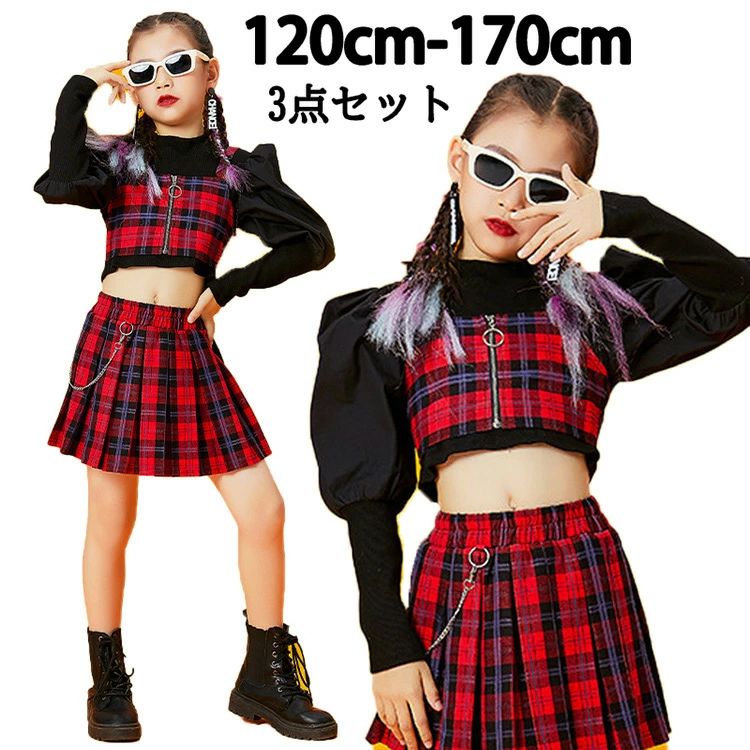 赤 チェック柄 スカート 女の子 長袖 韓国 k-pop ダンス衣装 へそ出し トップス セットアップ ギンガムチェック チアガール ダンス衣装