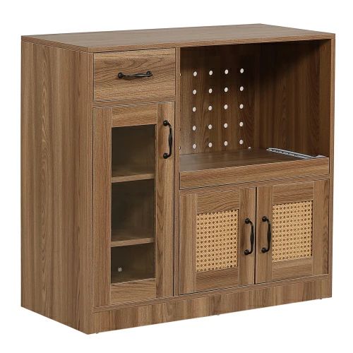★短納期★キッチンカウンター 食器棚 キッチンキャビネット レンジ台 キッチン収納 幅88cm ラタン調 引き出し付き 扉付き スライドレー｜千華ショップ