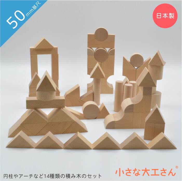 【送料無料】 小さな大工さん 積み木 円柱やアーチなど14種類の積み木のセット 50-36C 50mm基尺｜小さな大工さん