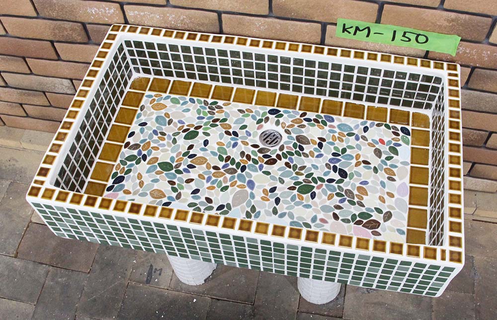 苑地シンク 瓦 流し台 昭和レトロ モザイック瓦張り KMつづき物 KM-150  手作り苑地シンク 室内装飾 着飾る 年老い介護ホームなどにも大一般受けです