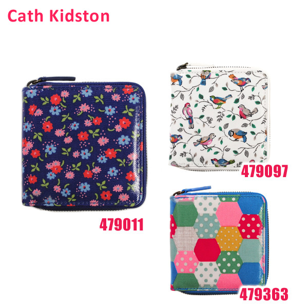 Cath Kidston(キャスキッドソン) 二つ折り財布 小銭入れ付き Square Zip Wallet スクエア ジップ ウォレット 479011 479097 479363 花柄 鳥 パッチワーク ラウンドファスナー レディース