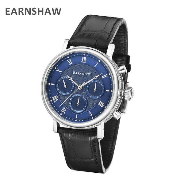 EARNSHAW アーンショウ 時計 腕時計 ES-8103-01 レザー ブラック/シルバー/ブルー メンズ ウォッチ クォーツ 【送料無料（※北海道・沖縄は1,000円）】｜タイムクラブ 14,415円