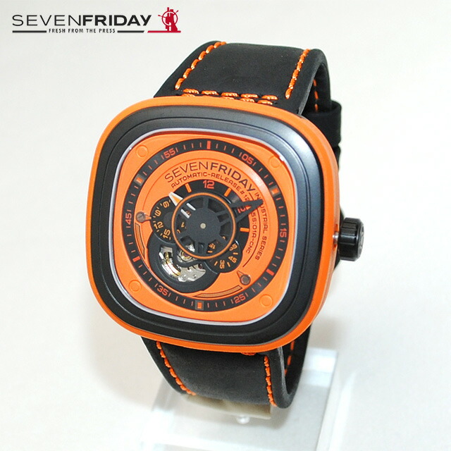 在庫処分 SEVEN FRIDAY (セブンフライデー) 時計 腕時計 SFP1/03 オレンジ/ブラック レザー 自動巻き Industrial Essence 【送料無料(※北海道・沖縄は1,000円)】|タイムクラブ