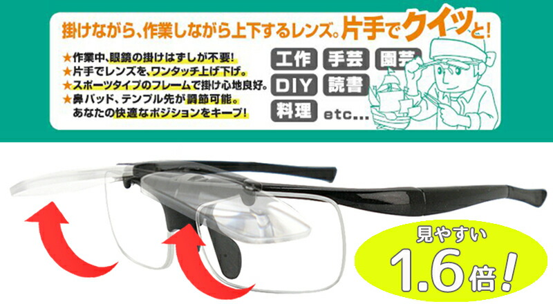 楽天市場 ルーペ メガネ 跳ね上げ フリップアップ Haneage ルーペメガネ ブラック 1 6倍率 全額返金保証 ハネ上げ ハネアゲ メガネ 型 ルーペ 老眼鏡 リーディンググラス 拡大鏡 タイムドウ
