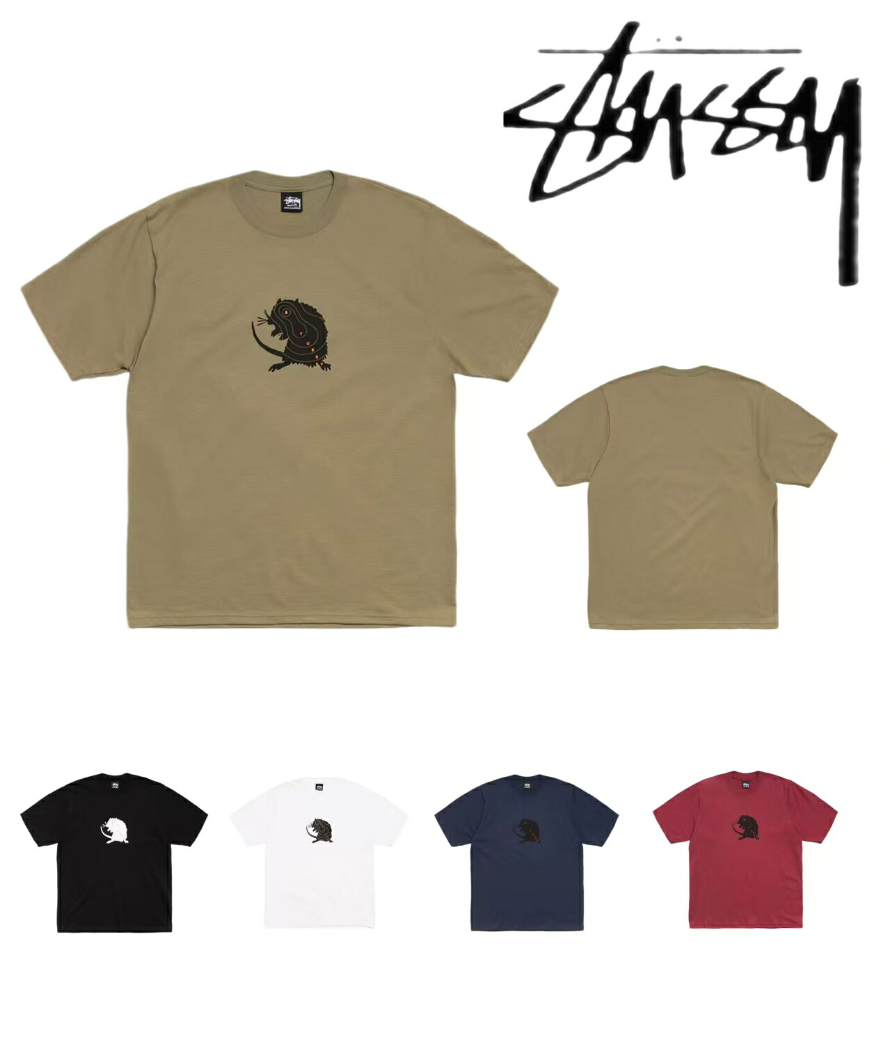 STUSSY 半袖Tシャツ ネズミロゴプリント ユニセックス メンズ レディース 夏カジュアル ストリート 綿トップス 男女兼用 カーキ/ブラック/ホワイト/ブルー/レッド｜タイムシー店