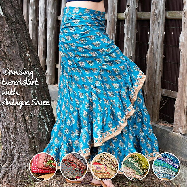 Antique sari tiered wrap skirt / Old sari maxi skirt long skirt wrap skirt India travel resort TIRAKITA (Tirakita) maxi length women's ethnic clothing Asian fashion ethnic fashion