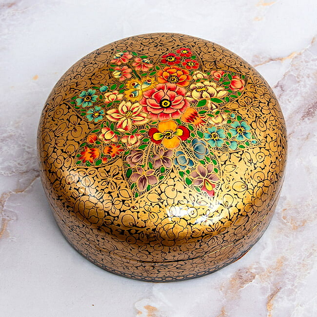 【送料無料】 【超高精細 一点もの】カシミールのペーパーマッシュ 金色百花繚乱 円形小物入れ 約11cm x / ミニアチュール 細密画 ペルシャ ジュエルケース 筆箱 ペンケース エスニックなデコレーショングッズ アジア アジアン インテリア アジア【レビューで1000円クーポン
