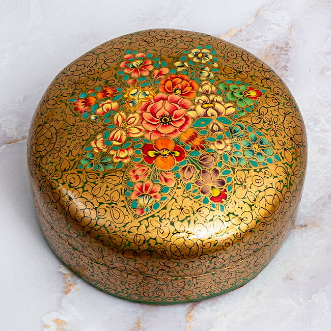 【送料無料】 【超高精細 一点もの】カシミールのペーパーマッシュ 金色百花繚乱 円形小物入れ 約11cm x / ミニアチュール 細密画 ペルシャ ジュエルケース 筆箱 ペンケース エスニックなデコレーショングッズ アジア アジアン インテリア アジア【レビューで1000円クーポン