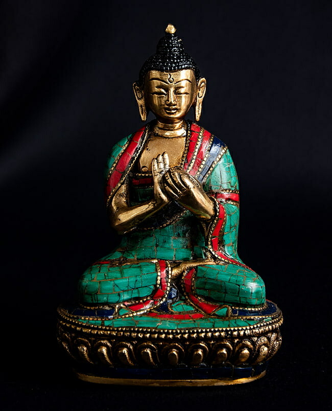 【送料無料】 毘盧遮那仏（ヴァイローチャナ） チベタンターコイズ仕上げ 14cm / 仏陀 仏像 神様像 ブラス インドの神様像 置物 エスニック アジア 雑貨【レビューで1000円クーポン プレゼント】