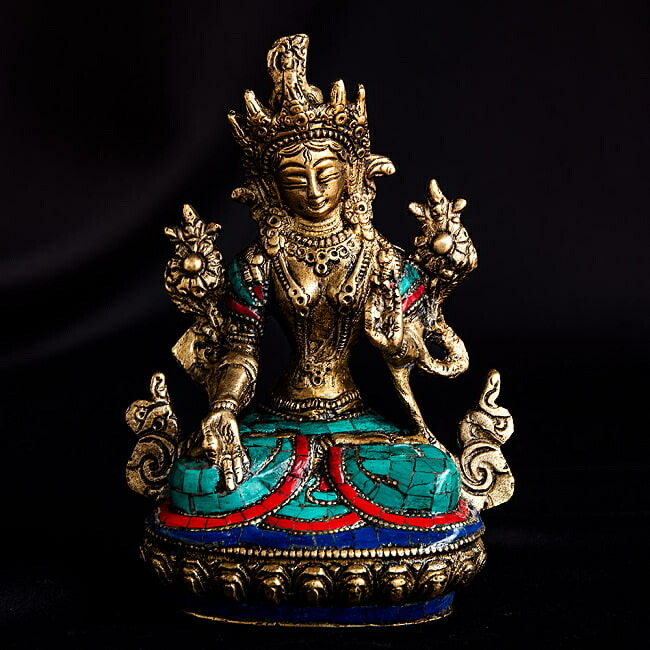 【送料無料】 白多羅菩薩（ホワイトターラー） チベタンターコイズ仕上げ 15.5cm / 仏陀 仏像 神様像 ブラス インドの神様像 置物 エスニック アジア 雑貨【レビューで1000円クーポン プレゼント】 27,250円