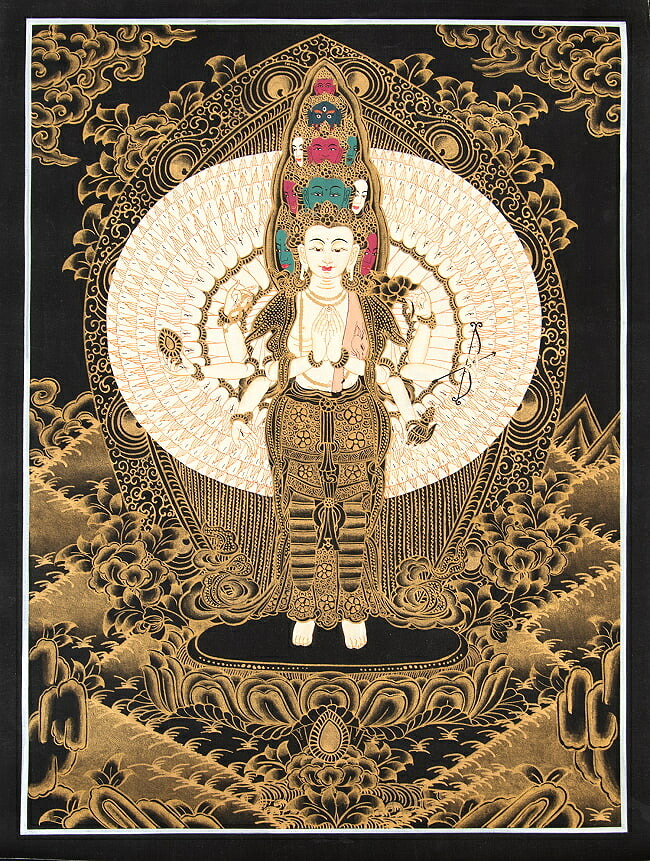 【送料無料】 〔一点物〕タンカ 十一面千手千眼観世音菩薩 30cm x 40cm / 観音菩薩 仏画 マンダラ チベット 曼荼羅 手描き 曼陀羅 インド 本 印刷物 ステッカー ポストカード ポスター【レビューで1000円クーポン プレゼント】