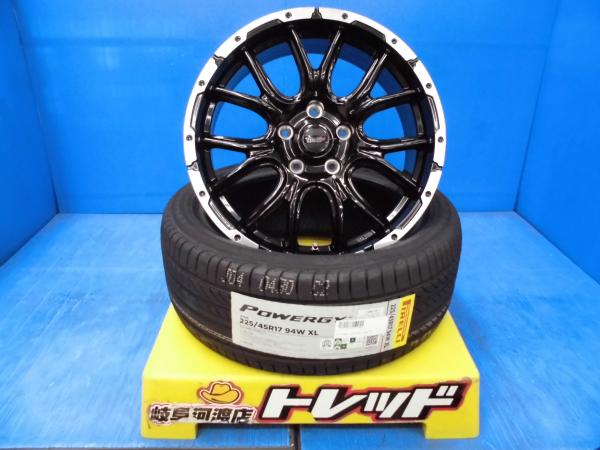 225/45R17 新品 夏タイヤホイール VENES SUV M7 17インチ 7.0J +48 5H 114.3 ブラックポリッシュ ピレリ パワジー 組込済 4本SET｜タイヤショップトレッド