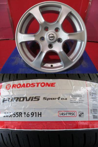 4本SET 中古ホイール 日産純正オプションアルミ 6.5J+40 5H-114.3 新品サマータイヤ ロードストーン EUROVIS SPORT04 2026年 205/55R16インチ ZE1 0系 リーフ|タイヤショップトレッド