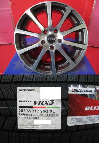 4本SET 中古ホイール TRD TF4 7.0J+40 5H-114.3 新品低車外音スタッドレス 冬タイヤ ブリヂストン BLIZZAK VRX3 2023年 205/55R17インチ 90系 ノア ヴォクシー|タイヤショップトレッド