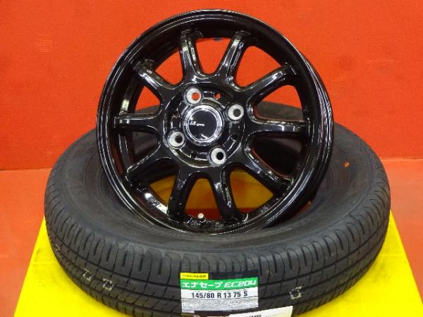 夏カッコいい値 モコ アルト 145/80R13 新品夏タイヤアルミセット 13X4.0 +45 4H100 男のブラック 2024年製ダンロップエナセーブEC204 日本製 MG33S HA25S HA25V HA35S HA36S HA36V MRワゴン MF33S MG33S ムーヴラテ L550S L560S 145/80-13 145-80-13|タイヤショップトレッド