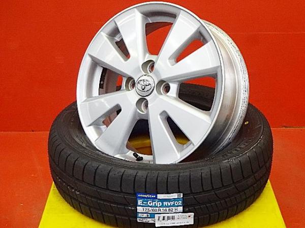 夏物いい値 初代ラクティス 175/60R16 夏タイヤアルミセット 中古純正 16X5.5 +39 4H100 新品 2025年製グッドイヤーEグリップRVF02 日本製 NCP100 NCP105 SCP100 P100型 175/60-16 175-60-16 ラクティス純正アルミホイール トヨタ純正ホイール 平座ナット使用ホイール