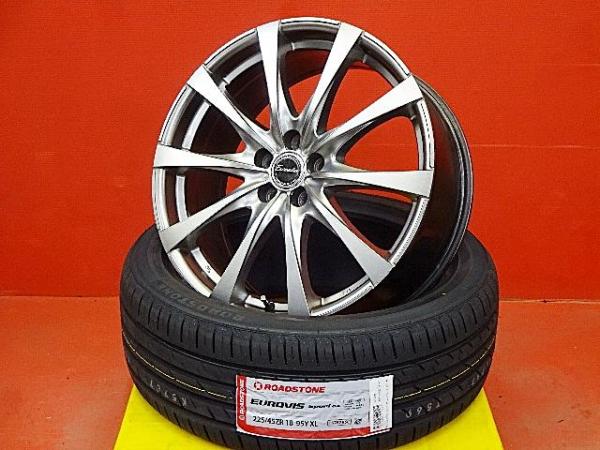 夏セール BMレガシィB4 225/45R18 夏タイヤアルミセット 中古 18X7.5 +53 5H100 新品 2026年製ROADSTONEロードストーンユーロヴィズスポーツ04 BM9 BMG BMM レガシィツーリングワゴン BR9 BRG BRM 225/45-18 225-45-18 BRレガシィ｜タイヤショップトレッド