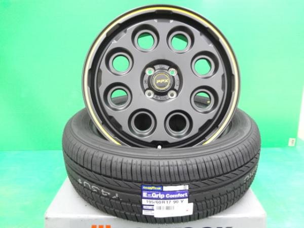 ライズ ロッキー 17インチ タイヤホイールSET 国産タイヤ グッドイヤー E-Grip コンフォート 195/60R17 KYOHO PPX MIL8 6.5J +42 4H100 ブラック イエローライン 4本 茨城下妻|タイヤショップトレッド
