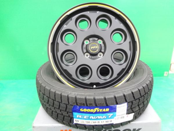 ライズ ロッキー 17インチ タイヤホイールSET スタッドレスタイヤ 2022年製 GY NAVI7 195/60R17 KYOHO PPX MIL8 6.5J +42 4H100 ブラック イエローライン 4本 茨城下妻