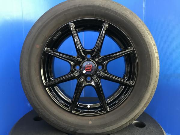 MAZDA2 デミオ 185/65R15 国産サマータイヤ BRIDGESTONE 新品アルミホイール 黒 15インチ 4H 4穴 PCD100 夏用 夏タイヤ タイヤホイールセット タイヤアルミセット 純正タイヤサイズ 185/60R16 互換 マツダ 1.5 XD 15S ディーゼル ターボ 4WD 4本セット