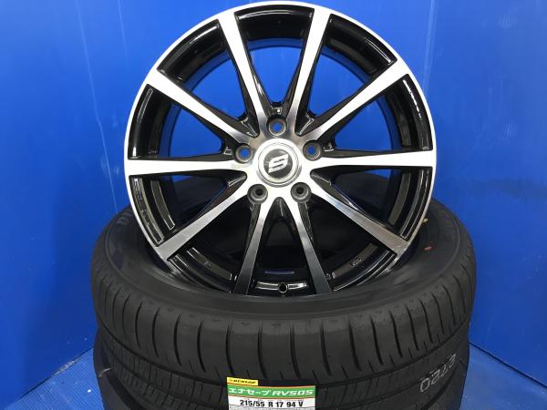 オデッセイ エスティマ 17インチ アルミホイール 5H 5穴 PCD114.3 黒 新品 215/55R17 サマータイヤ DUNLOP ミニバン用 低燃費タイヤ エコタイヤ 夏タイヤ ノーマルタイヤ 夏用タイヤアルミホイールセット 215 55 17 トヨタ ホンダ 日産 マツダ スズキ 4本セット|タイヤショップトレッド