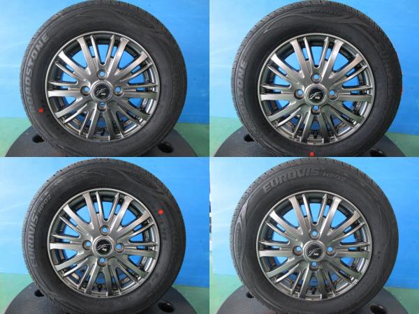 中古アルミ 13インチ 4J +45 4H100 新品夏タイヤ ロードストーン EUROVIS 145/80R13 2025年製 4本セット価格 軽自動車 NBOX スペーシア