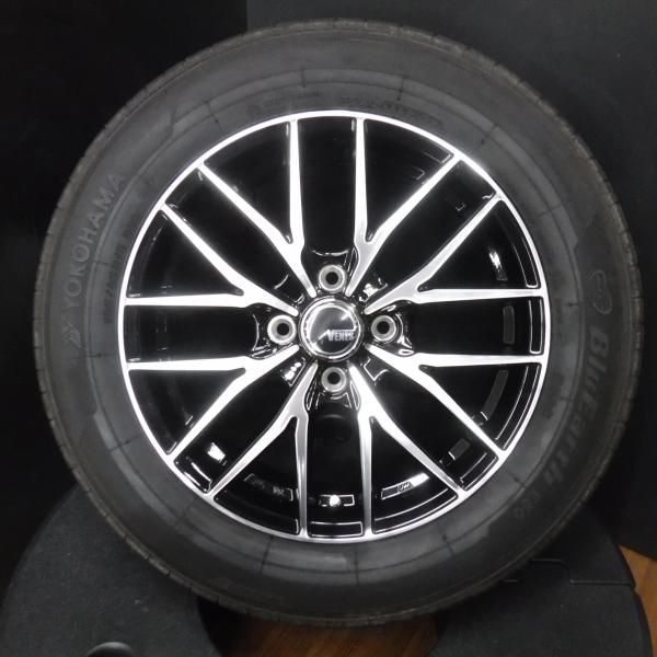 ノート デミオ ティーダ 4本セット 送料無料 中古 サマータイヤ ヨコハマ ブルーアースE50C 185/65R15 日本製 新品 VENES FS01 15インチ 4穴 100 ブラックポリッシュ アルミ