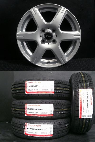 新品 185/65R15 26年製 ロードストーン EUROVIS HP02 中古ホイール SJ6 6J-15 4H100 +45 夏タイヤ4本セット デミオ ノート アクア 白河|タイヤショップトレッド