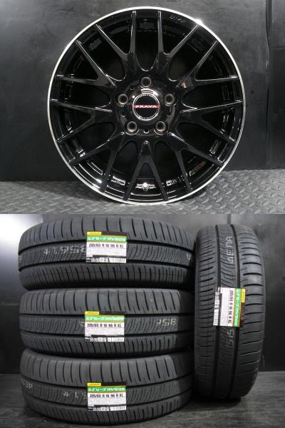 新品 205/60R16 低燃費 国産 RVタイヤ DUNLOP ENASAVE RV505 ＆ 美品 中古アルミ 6.5J-16 +48 5H114.3 艶黒 人気 夏組4本セット 白河