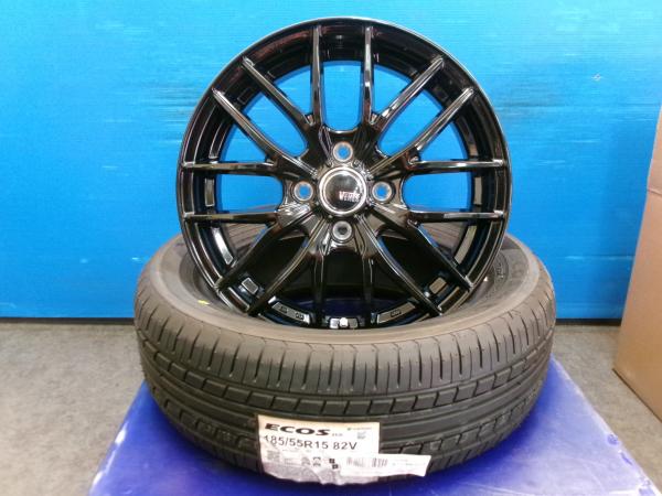 トヨタ 20系 bB 三菱 コルト 4本 新品 黒 15インチ 4H 4穴 PCD 100 ヨコハマ 185/55R15 低燃費タイヤ 夏用タイヤ 夏タイヤ 夏タイヤセット ラジアル 低燃費 国産 ノーマル エコタイヤ メッシュ