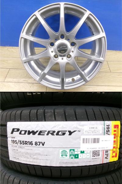 2代目 フリード 16インチ 新品 夏タイヤ 4本 ピレリ POWERGY 195/55R16 + 中古 社外 アルミ A-TECH SCHNEIDER CORSAGE GB5 GB6 GB7 GB8 FREED HONDA ホンダ 195/55/16 195/55-16 前橋｜タイヤショップトレッド