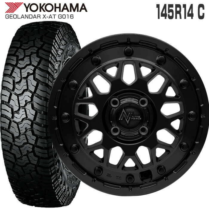 ジオランダー X-AT G016 145R14C 85/83 ヨコハマ YOKOHAMA ナイトロパワー M29 スティンガー 14×4.5 PCD100/4H +45 バレルブラック カスタマイズ専用 14インチ サマータイヤ 4本 ホイールセット オールテレーン M29 STINGER 軽トラ 軽バン