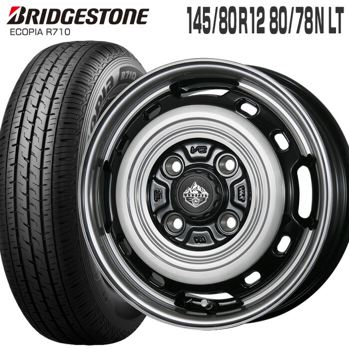 エコピア R710 145/80R12 80/78N ブリヂストン BRIDGESTONE ランドフット XFG 12×3.5 PCD100/4H +44 グロスブラック ポリッシュ 12インチ サマータイヤ 4本 ホイールセット (145R12 6PR 互換) ECOPIA LANDFOOT XFG TOPY 軽トラ 軽バン ブリジストン