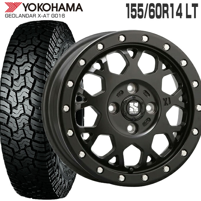 ジオランダー X-AT G016 LT155/60R14 82/79Q ヨコハマ YOKOHAMA エクストリームJ XJ04 14&times;4.5J 100/4 +43 サテンブラック 14インチ オールテレーン 軽トラ 軽バン サマー タイヤ ホイールセット 4本 GEOLANDAR X-AT XTREME-J MLJ｜タイヤザウルス