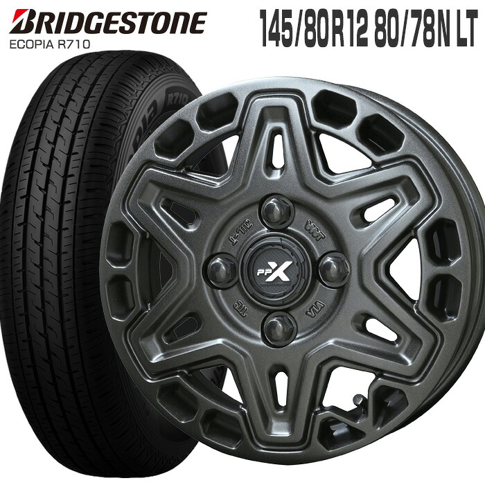 エコピア R710 145/80R12 80/78N ブリヂストン BRIDGESTONE PPX MK6 12×3.5 PCD100/4H +45 ステルスグレーメタリック (145R12 6PR 互換) 12インチ 軽トラ 軽バン サマー タイヤ ホイールセット 4本 ECOPIA KYOHO ブリジストン|タイヤザウルス