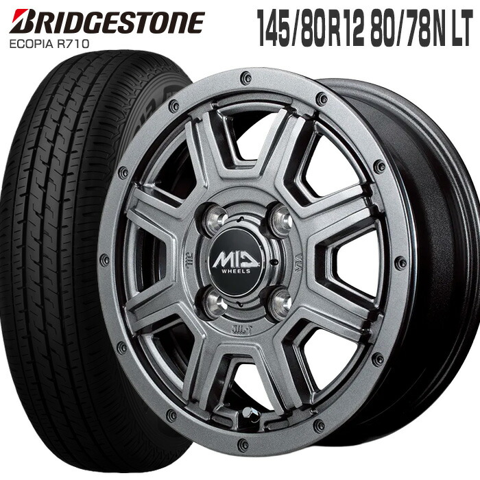 エコピア R710 145/80R12 80/78N ブリヂストン BRIDGESTONE MID WHEELS マッドライダー 12×4.00B 100/4 +42 メタリックグレー 12インチ サマータイヤ 4本 ホイールセット (145R12 6PR 互換) ECOPIA MUDRIDER 軽トラ 軽バン ブリジストン