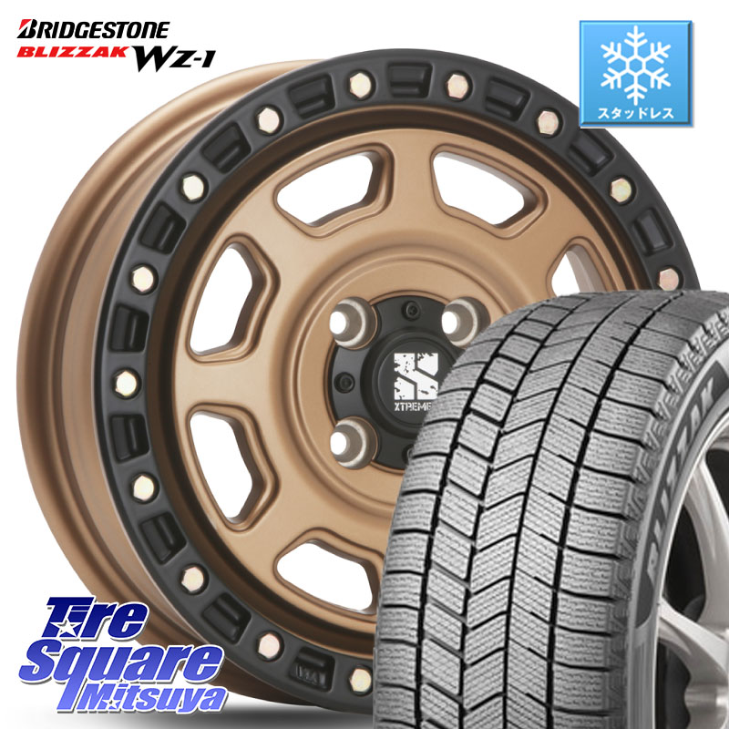 ブリヂストン BLIZZAK WZ-1 WZ1 2025年製 ブリザック スタッドレス ミツヤ 155/70R13MLJ XJ07 XTREME-J 4H MB エクストリームJ 13インチ 13X4.0J 43 4穴 100 ハイゼットアゲトラCustom車用※軽自動車専用ホイール※ トッポBJ エブリイ ワゴン ピクシスエポック｜タイヤスクエアミツヤ