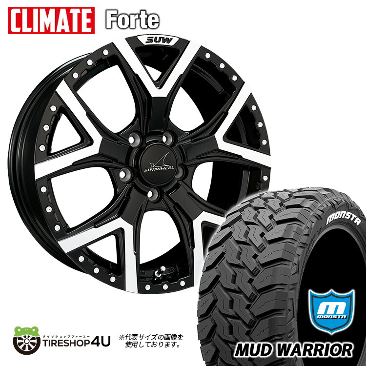 16インチ クライメイト SUW フォルテ 16X7.0J 5/114.3 +38 ブラッククリア BK MONSTA MUD WARRIOR 215/70R16 ホワイトレター 新品 タイヤホイール 4本セット デリカD5 など CLIMATE FORTE モンスタ マッドウォーリアー M/T オフロードタイヤ