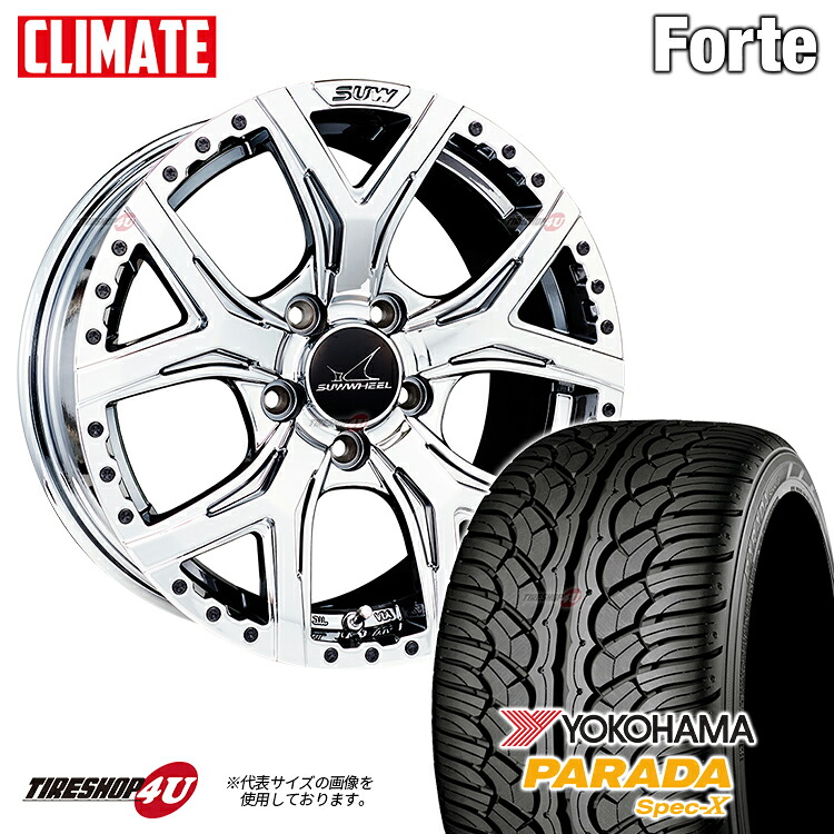 【最大P15倍】20インチ クライメイト SUW フォルテ 20X9.5J 5/150 +53 スーパークローム CR YOKOHAMA PARADA spec-X PA02 285/50R20 新品 タイヤホイール 4本セット ランクル 200 ランドクルーザー レクサス LX など CLIMATE FORTE ヨコハマタイヤ パラダ｜TIRE SHOP 4U 店