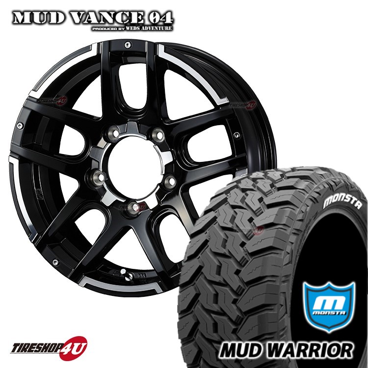 MUD VANCE 04 16X5.5J 5/139.7 +22 ブラックポリッシュ MONSTA MUD WARRIOR 215/70R16 LT ホワイトレター ジムニー jimny JB64 JB23 新品 16インチ タイヤホイールセット 4本価格 マッドヴァンス MUDVANCE04 モンスタ マッドウォーリアー M/T オフロードタイヤ