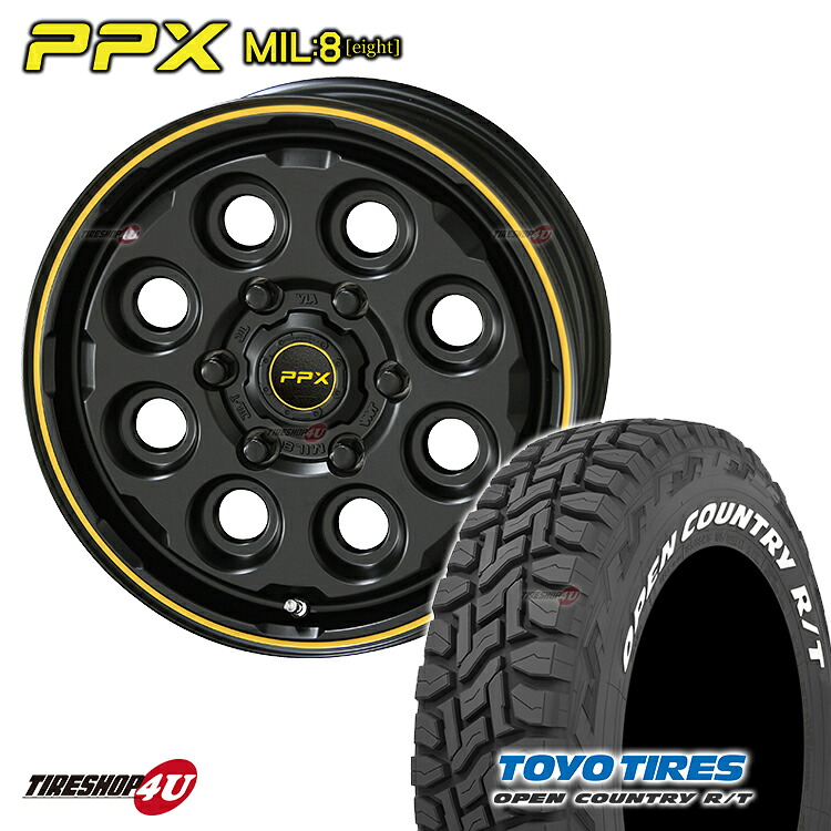 KYOHO PPX MIL:8 16X6.5J 6/139.7 +38 セミグロスブラック×イエローライン JWL-T TOYO OPEN COUNTRY R/T 215/65R16 109/107Q ホワイトレター MIL8 ミルエイト トーヨー オープンカントリー RT 新品 16インチ タイヤホイール 4本セット ハイエース 200系 バン|TIRE SHOP 4U 店