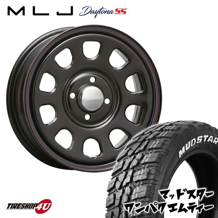 新品 タイヤホイールセット 4本価格 15インチ プロボックス サクシード など MLJ DAYTONA SS 15X6.0J 4/100 +30 6J ブラック 赤青ライン MUDSTAR WANPAKU M/T 185/60R15 88S ホワイトレター マッドスター ワンパク MT デイトナSS スチール製 鉄チン画像