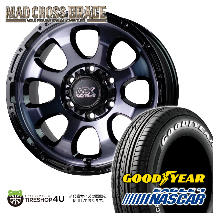 【最大P15倍】MAD CROSS　GRACE 17X6.5J 6/139.7 +38　ブラッククリア リムブラック GOODYEAR EAGLE#1　NASCAR 215/60R17　109/107R ホワイトレター 新品 17インチ タイヤホイール 4本セット ハイエース 200系 hiaceバン用 マッドクロス グッドイヤー ナスカー｜TIRE SHOP 4U 店