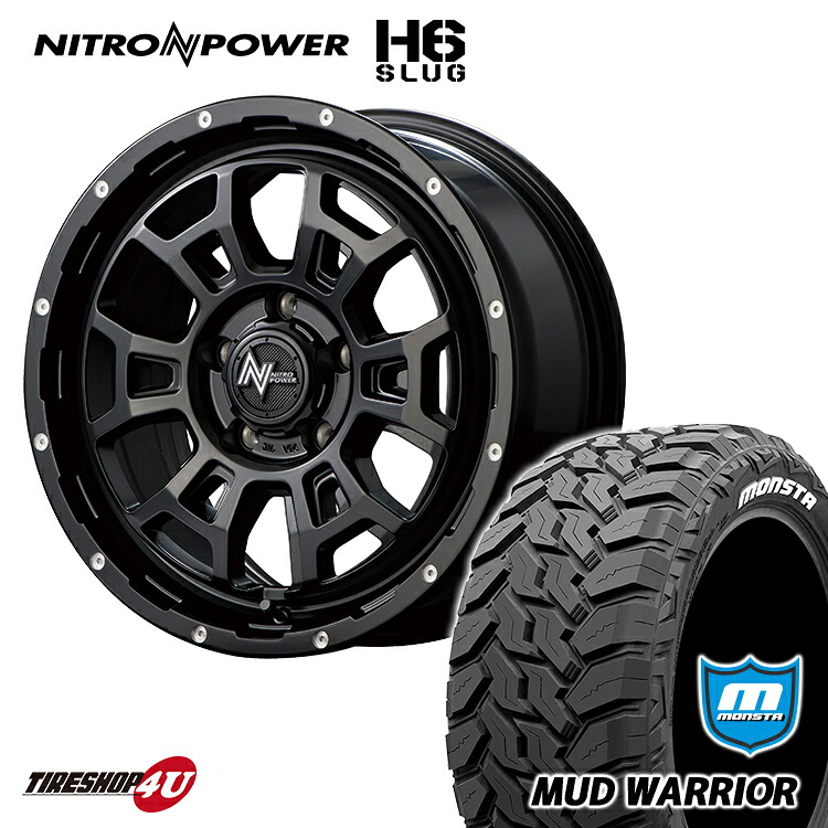 NITRO POWER H6 SLUG 16x7.0J 5/114.3 +40 7J セミグロスブラック MONSTA MUD WARRIOR 215/70R16 LT ホワイトレター 新品 タイヤホイールセット 4本価格 16インチ デリカD5 など ナイトロパワー H6 スラッグ モンスタ マッドウォーリア M/T オフロードタイヤ