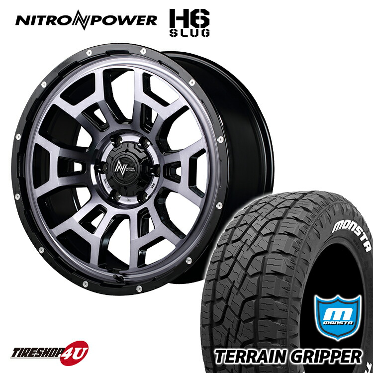 NITRO POWER H6 SLUG 20X8.5J 6/139.7 +20 ブラッククリア MONSTA TERRAIN GRIPPER 275/55R20 ホワイトレター 新品 タイヤホイールセット 4本価格 20インチ FJクルーザー プラド など ナイトロパワー H6 スラッグ モンスタ テレーングリッパー A/T