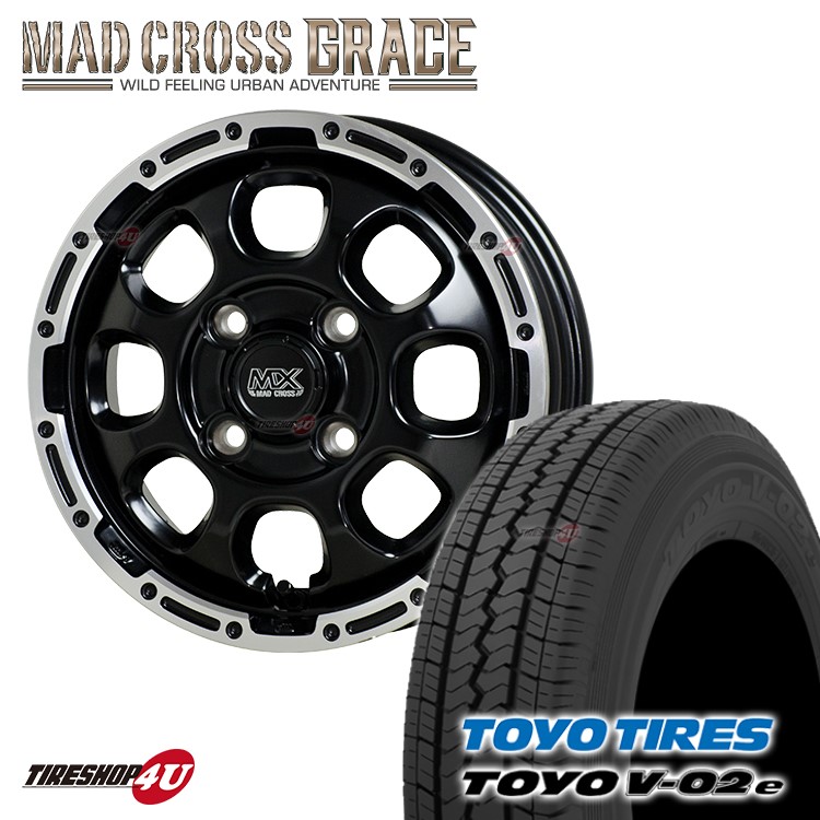 4本セット 新品タイヤホイールセット4本価格 グレイス 6pr ハイゼット トーヨー マッドクロス ハイゼット 145r12 Toyo Cross 軽トラック V 02e トーヨー Grace グレイス 軽バン 4 100 V 02e など 43 Mad V02e 12x4 00 145r12 エブリー セミグロスブラック リムポリッシュ 6pr