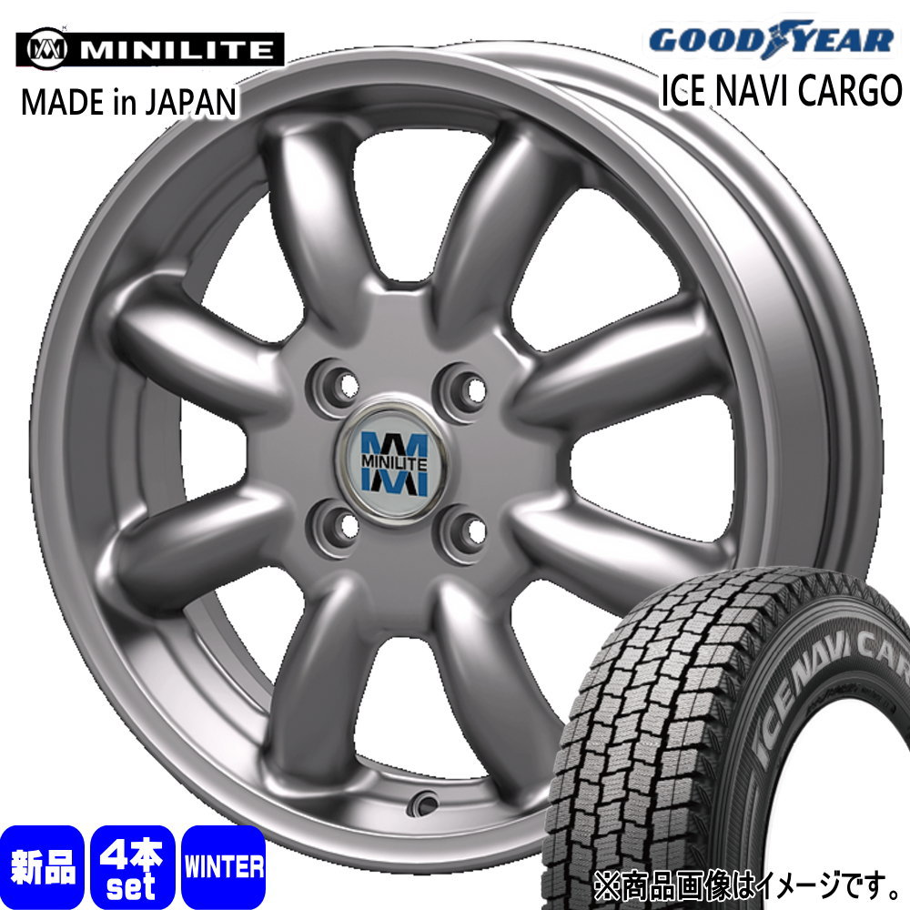 165/80R14 97/95N LT アイスナビ カーゴ ICE NAVI CARGO グッドイヤー GOODYEAR 新品 冬用 スタッドレスタイヤ ホイール 4本セット KIT JAPAN MINILITE 14&times;5.0+35 4/100 14インチ｜タイヤショップ78