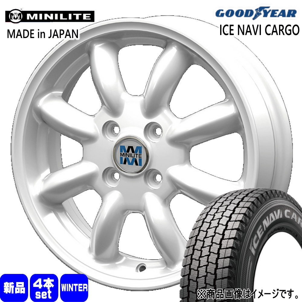 165/80R14 97/95N LT アイスナビ カーゴ ICE NAVI CARGO グッドイヤー GOODYEAR 新品 冬用 スタッドレスタイヤ ホイール 4本セット KIT JAPAN MINILITE 14&times;5.0+35 4/100 14インチ｜タイヤショップ78
